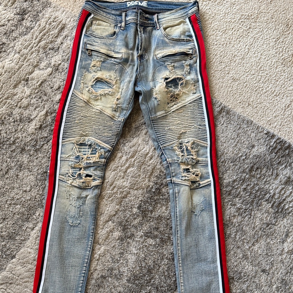 PDPME Distressed Skinny Jeans with Red Stripe